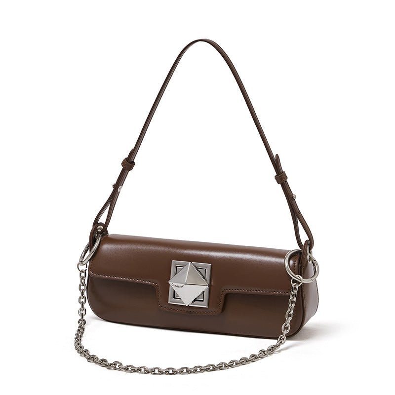 Minimalist Smooth Leather Silver Buckle Baguette Bag